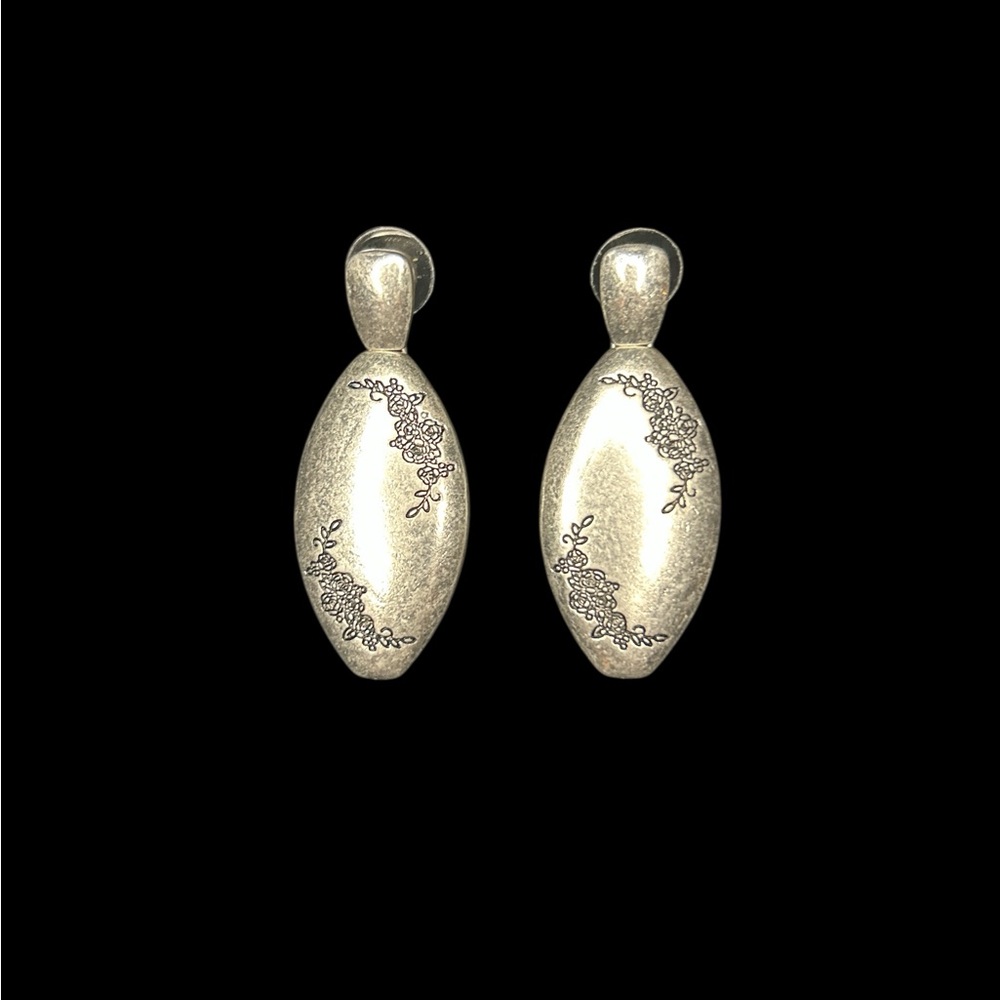 Silver Tone Floral Etched Drop Earrings | Pierced
